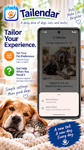 Tailendar Google Play feature graphic showing the More menu and Pet Preference setting