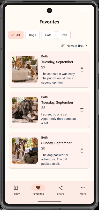 Tailendar Favorites list with saved pet images, captions, pet filters, and newest-first sorting
