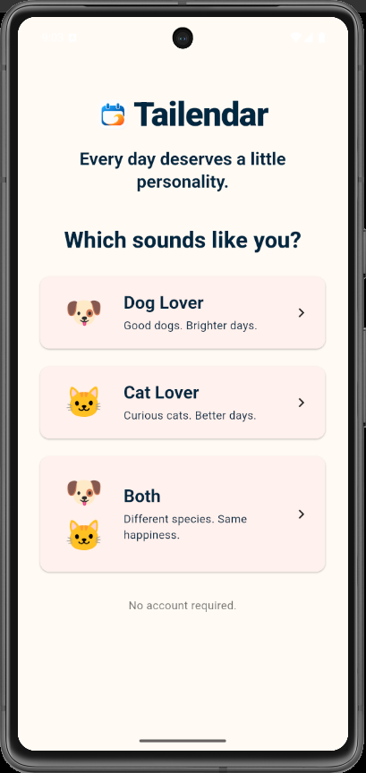 Tailendar pet preference screen with Dog Lover, Cat Lover, and Both options