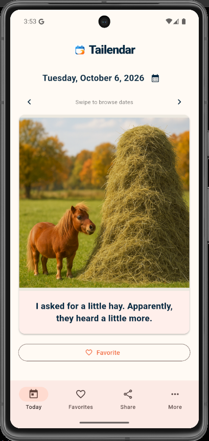 Actual October 6 Horses calendar screenshot showing a pony beside a haystack