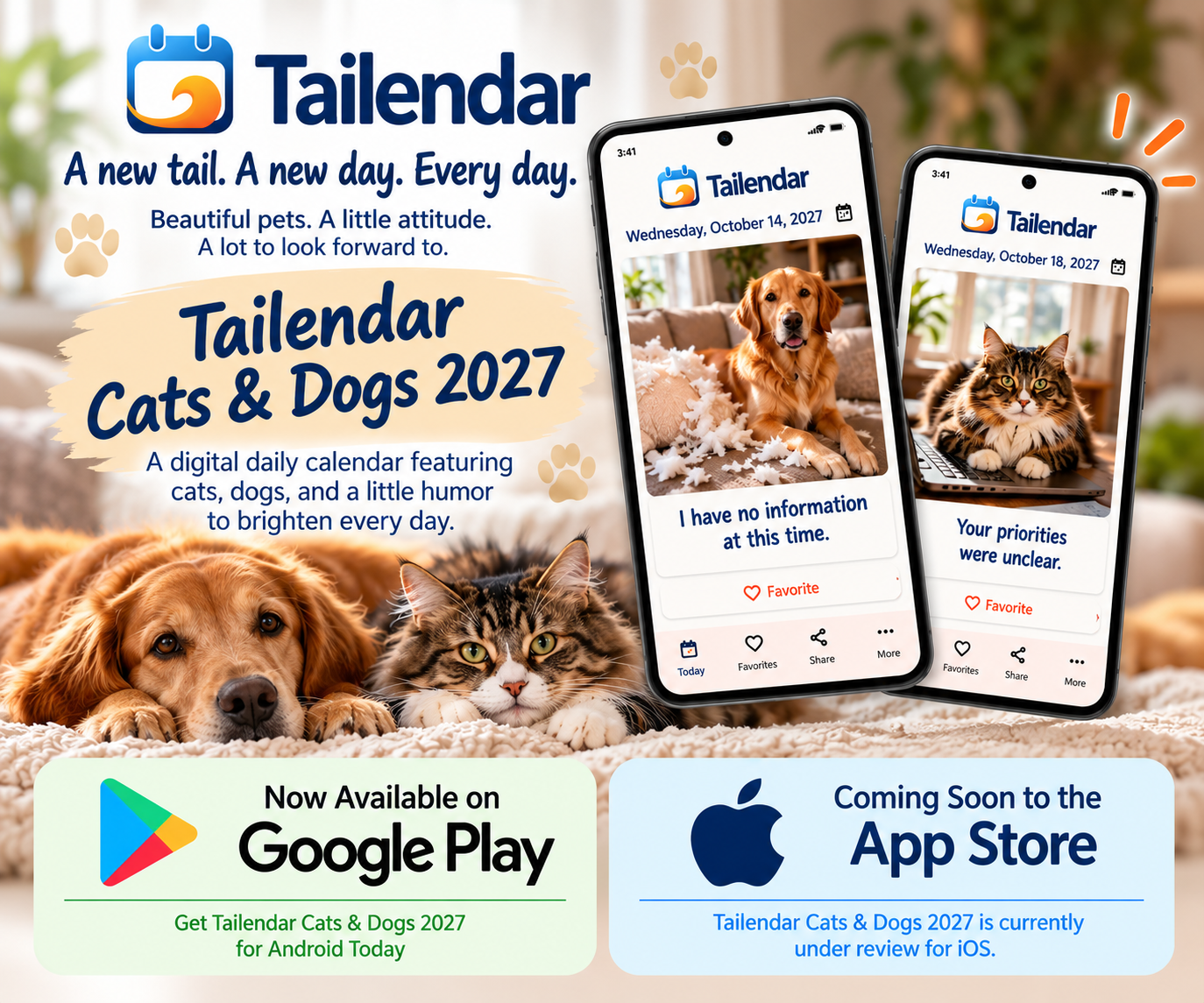 Tailendar Cats and Dogs 2027 promotional poster with app previews and store availability